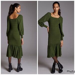 Anthropologie Smocked Puff Sleeve‎ Midi Dress Green Long Sleeve XS